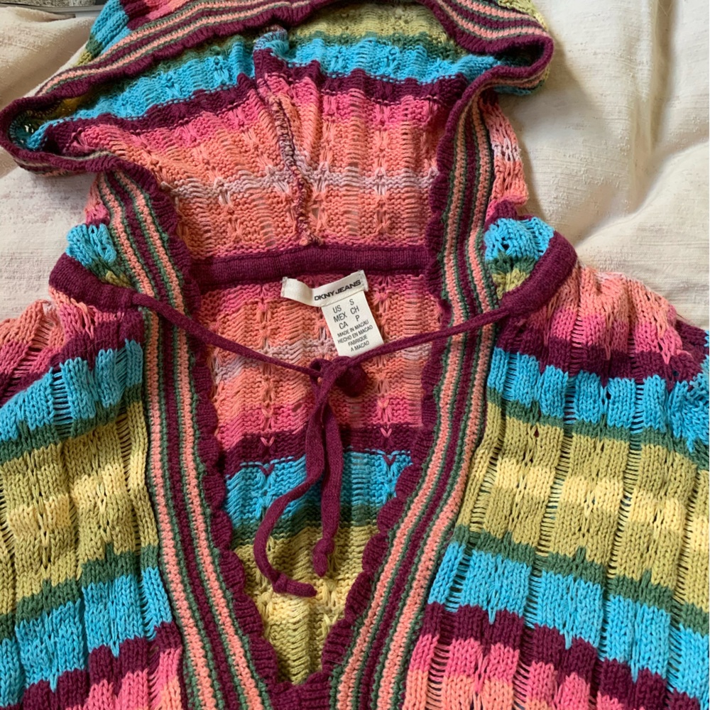 DKNY Crochet Multicolor Striped Hooded Sweater.